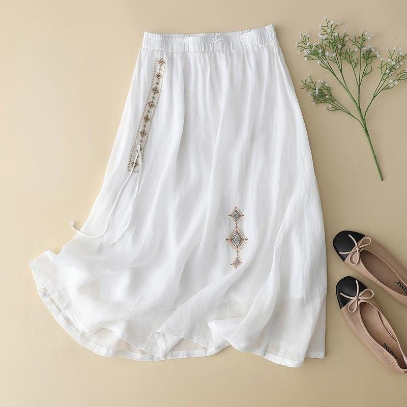 2025 new/Retro/Artistic/Cotton and Linen/Skirt/Thin/Temperament/Midi/Skirt/Loose/Light/Versatile Skirt