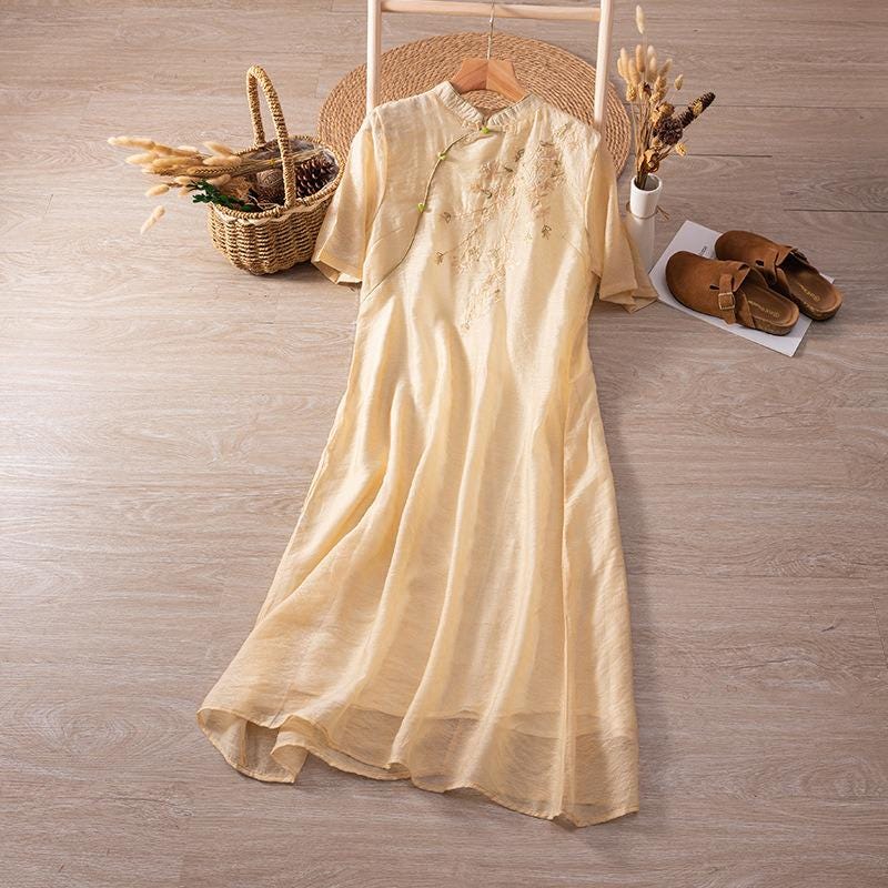 2025 new style/stand-up collar/disc button/temperament/versatile dress/high fashion/Boho Embroidered Dress