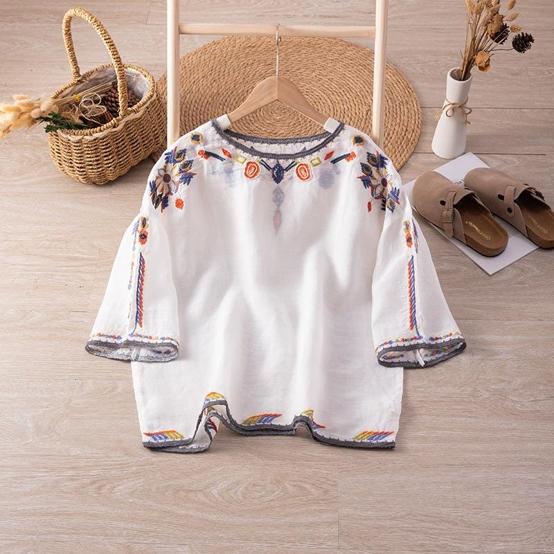 Boho Embroidered Blouse | Vintage-Inspired Loose Fit Top | Ethnic Folk Style Peasant Shirt for Women