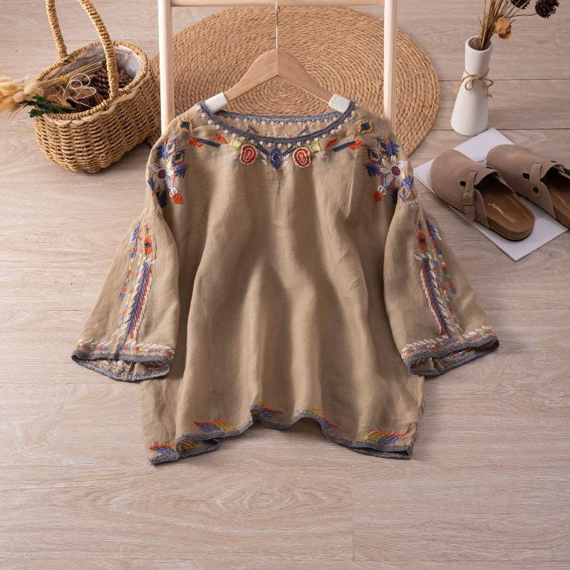Boho Embroidered Blouse | Vintage-Inspired Loose Fit Top | Ethnic Folk Style Peasant Shirt for Women