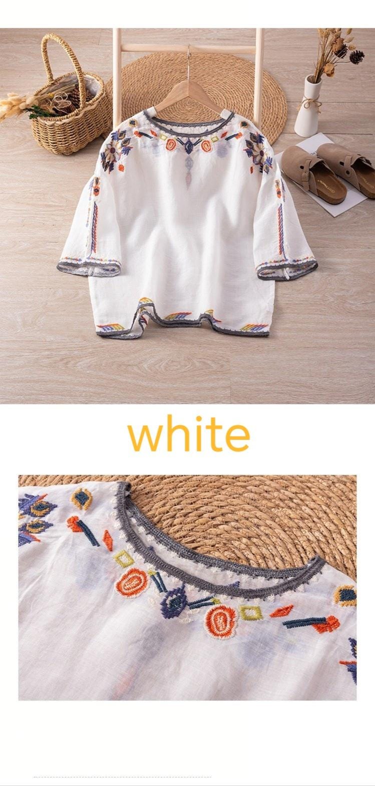 Boho Embroidered Blouse | Vintage-Inspired Loose Fit Top | Ethnic Folk Style Peasant Shirt for Women