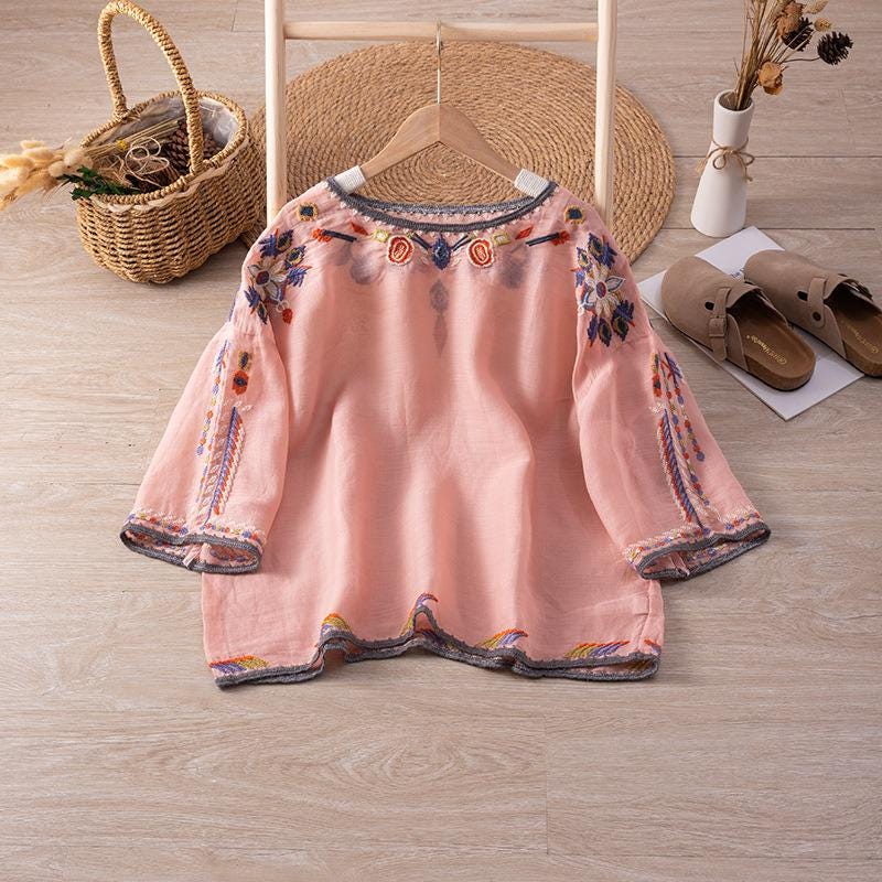 Boho Embroidered Blouse | Vintage-Inspired Loose Fit Top | Ethnic Folk Style Peasant Shirt for Women