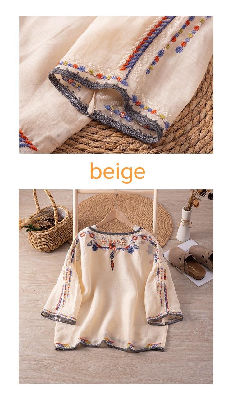 Boho Embroidered Blouse | Vintage-Inspired Loose Fit Top | Ethnic Folk Style Peasant Shirt for Women