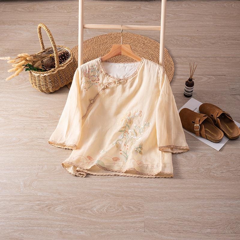 Handmade Ramie Embroidered Blouse – Elegant Loose-Fit Boho Top with Botanical Motif, Natural Fiber Shirt for Women