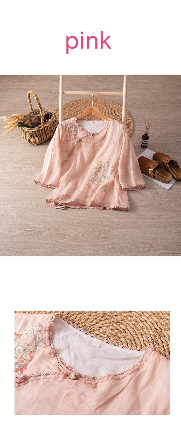 Handmade Ramie Embroidered Blouse – Elegant Loose-Fit Boho Top with Botanical Motif, Natural Fiber Shirt for Women
