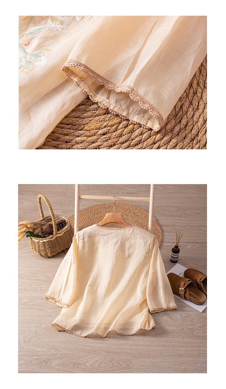 Handmade Ramie Embroidered Blouse – Elegant Loose-Fit Boho Top with Botanical Motif, Natural Fiber Shirt for Women