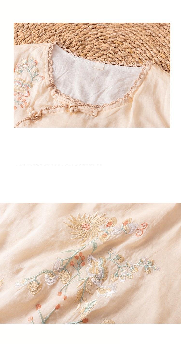 Handmade Ramie Embroidered Blouse – Elegant Loose-Fit Boho Top with Botanical Motif, Natural Fiber Shirt for Women